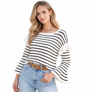 Zara Knit Ruffle Bell Long Sleeve Black Ivory Striped Crop Top Oversized S Cozy